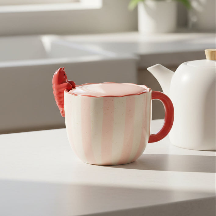 Peeking lobster ceramic mug on wooden table with plant in background