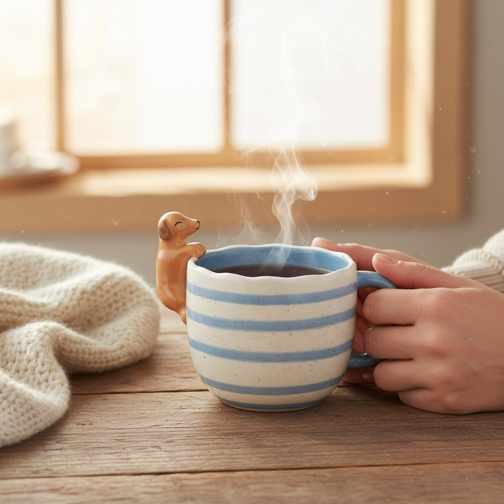 White ceramic mug with peeking sausage dog design on rim