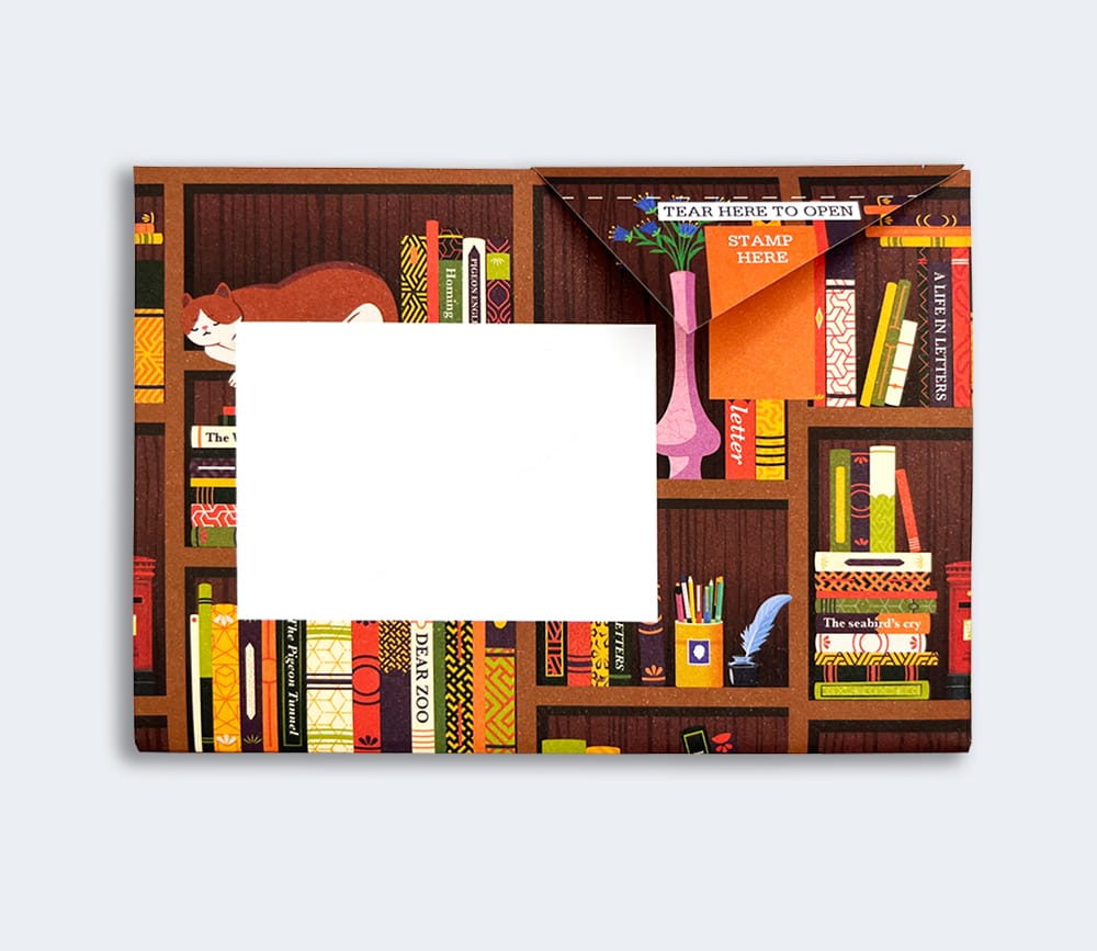 Folded Pigeon letter back with bookshelf elements and address section
