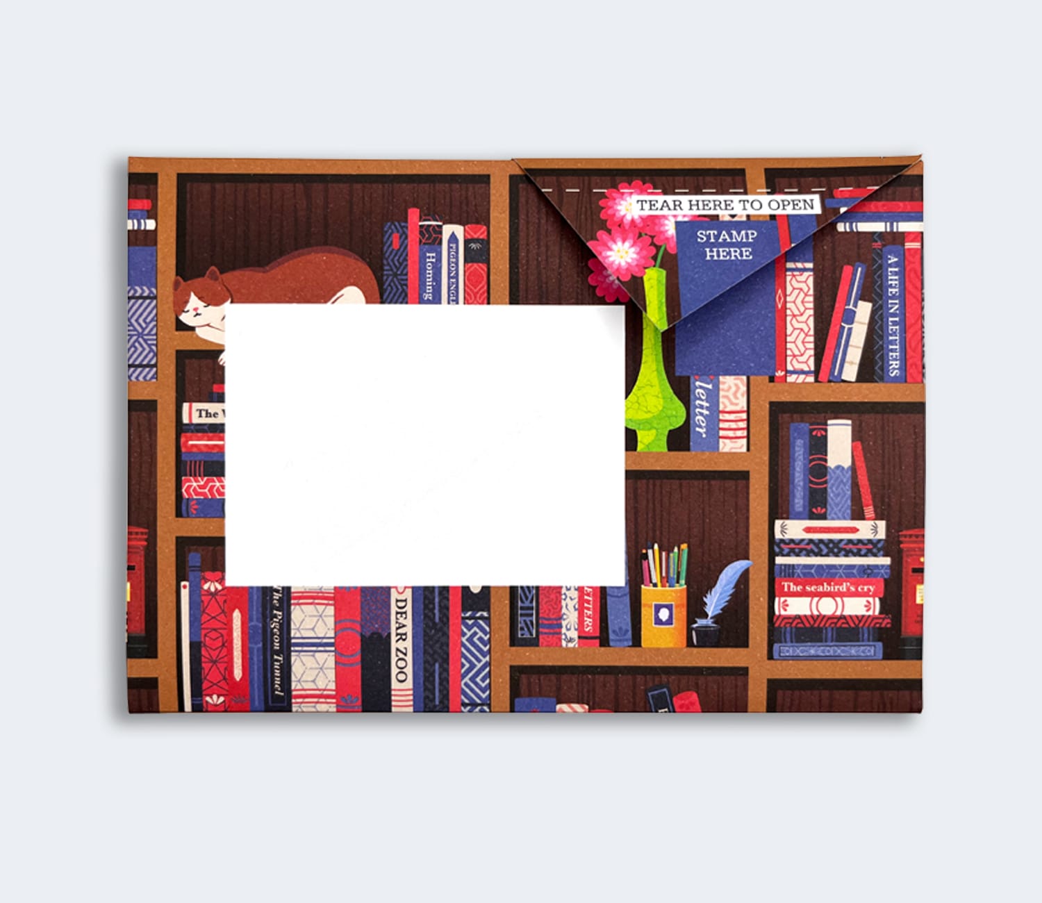 Folded Pigeon letter front with bookshelf illustration third design variant