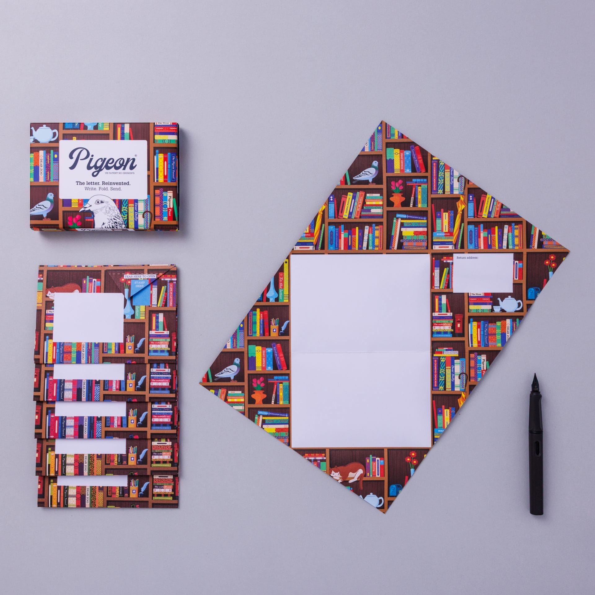 Bookstore Pigeons pack with unfolded letter displayed on lavender background