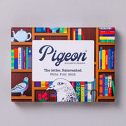 Bookstore Pigeons pack front with colourful bookshelf illustration on grey background