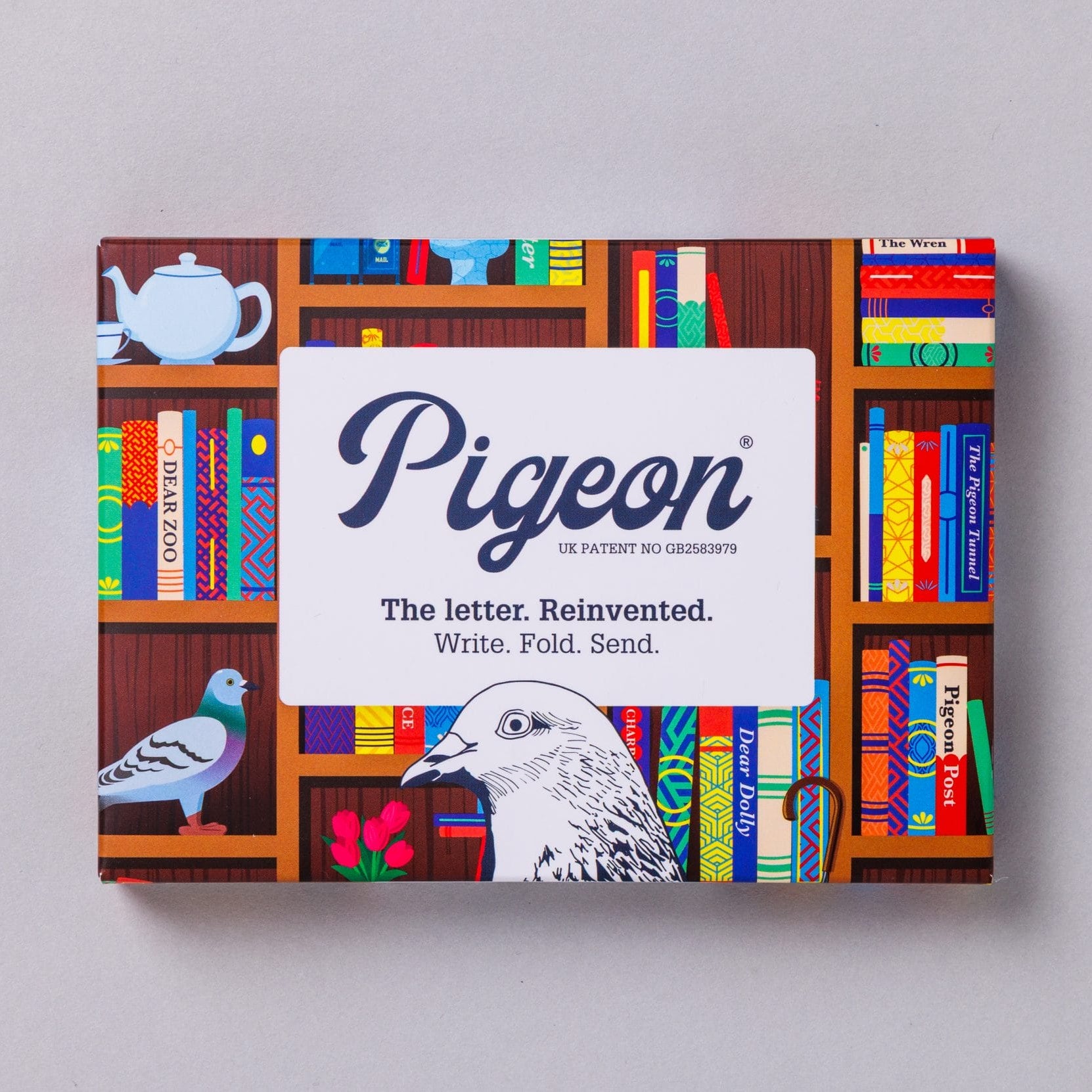 Bookstore Pigeons pack front with colourful bookshelf illustration on grey background