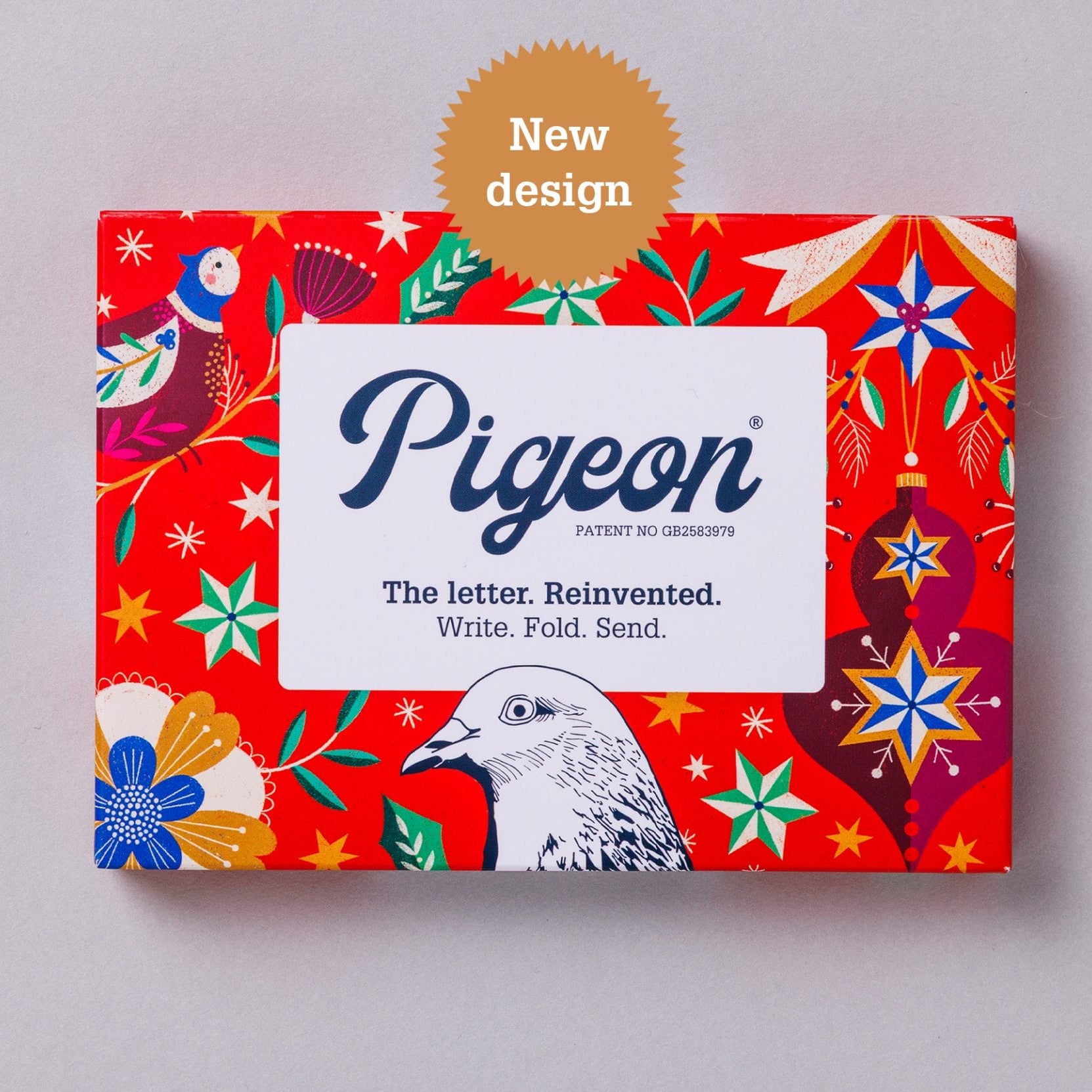 Festive Pigeons pack front with red Christmas holly and star design on grey background