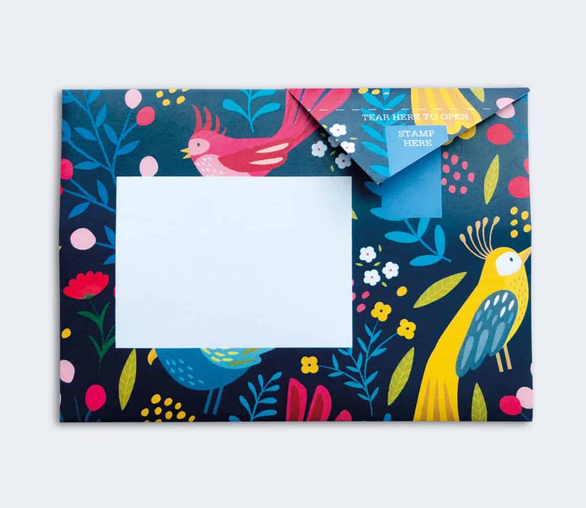 Folded Pigeon letter with tropical fish and bird illustration second variant