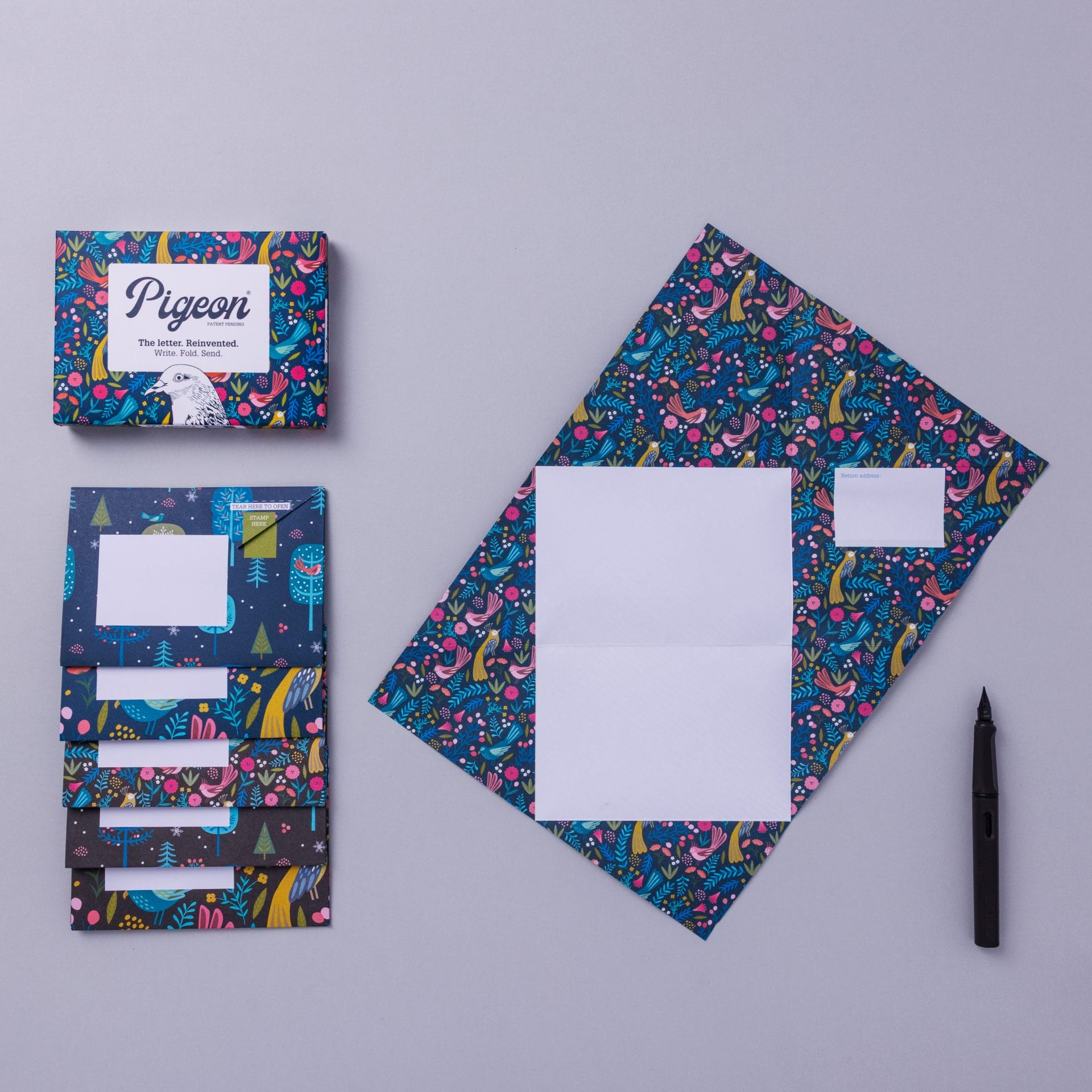 Pack and unfolded Pigeon with tropical bird and plant design on lavender background