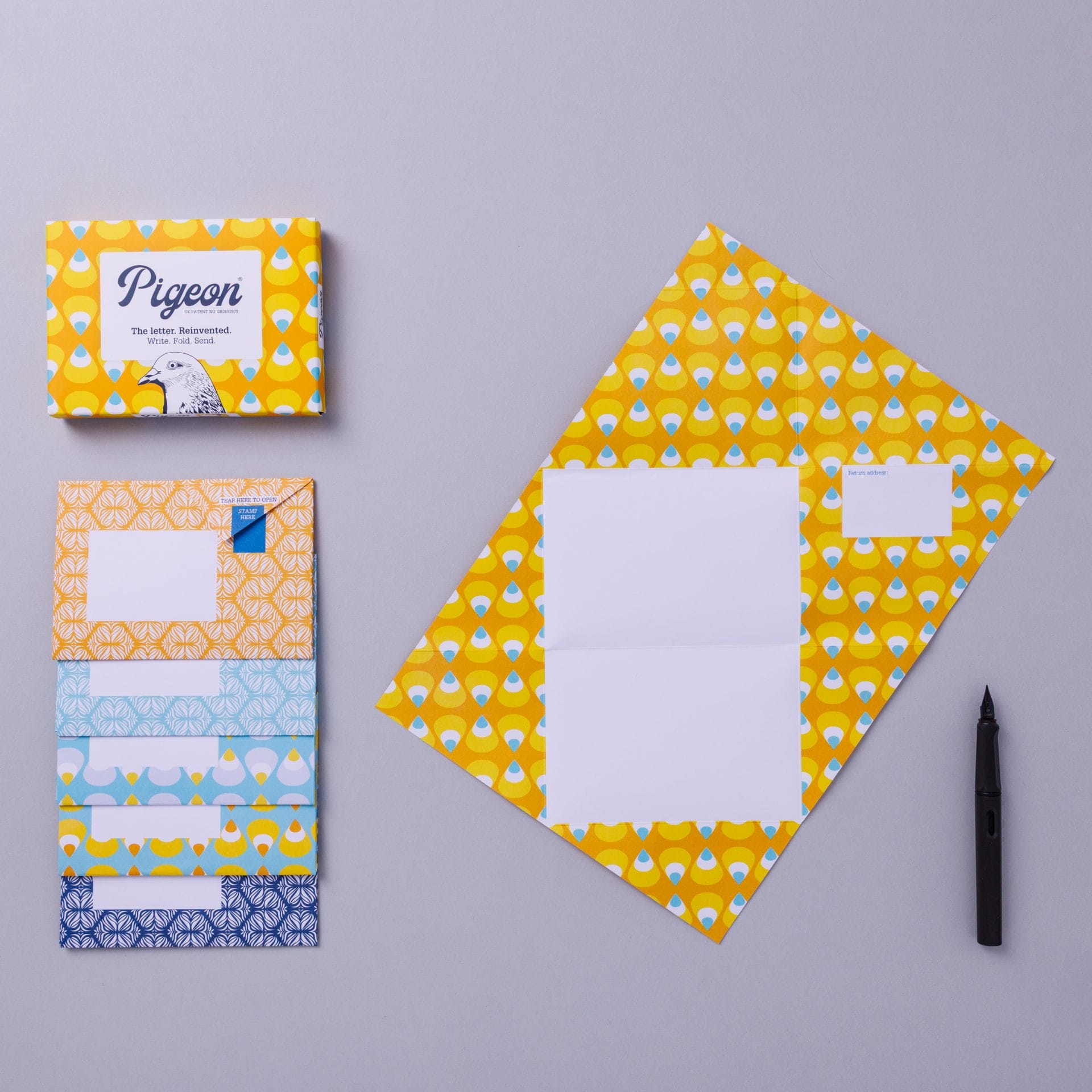 Pack and unfolded Pigeon showing pencil pattern design on lavender background