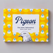 Pencil Pigeons pack front with geometric pencil design in yellow and blue on grey