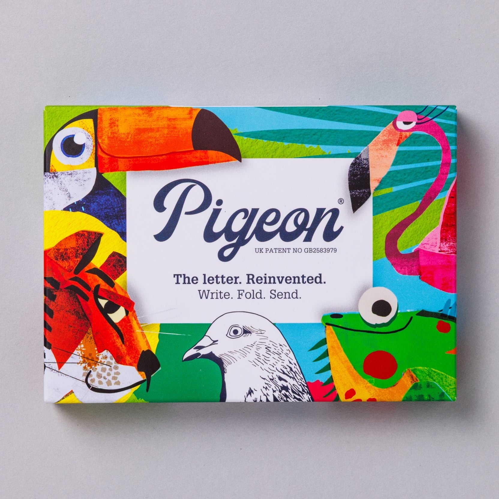 Wild Lives Pigeons pack front with tropical parrot and toucan design on grey