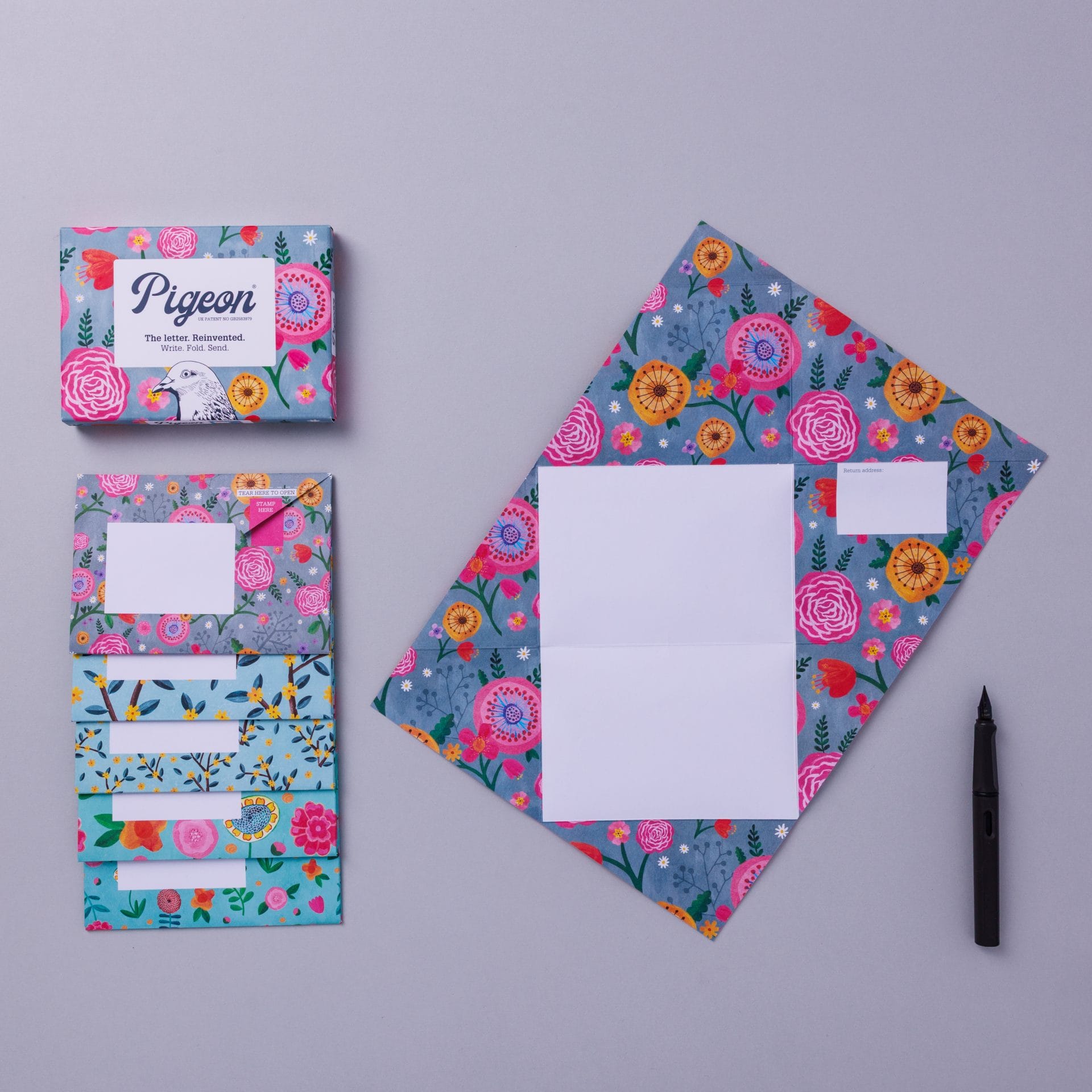 Pack and unfolded Pigeon showing wildflower pattern on lavender background