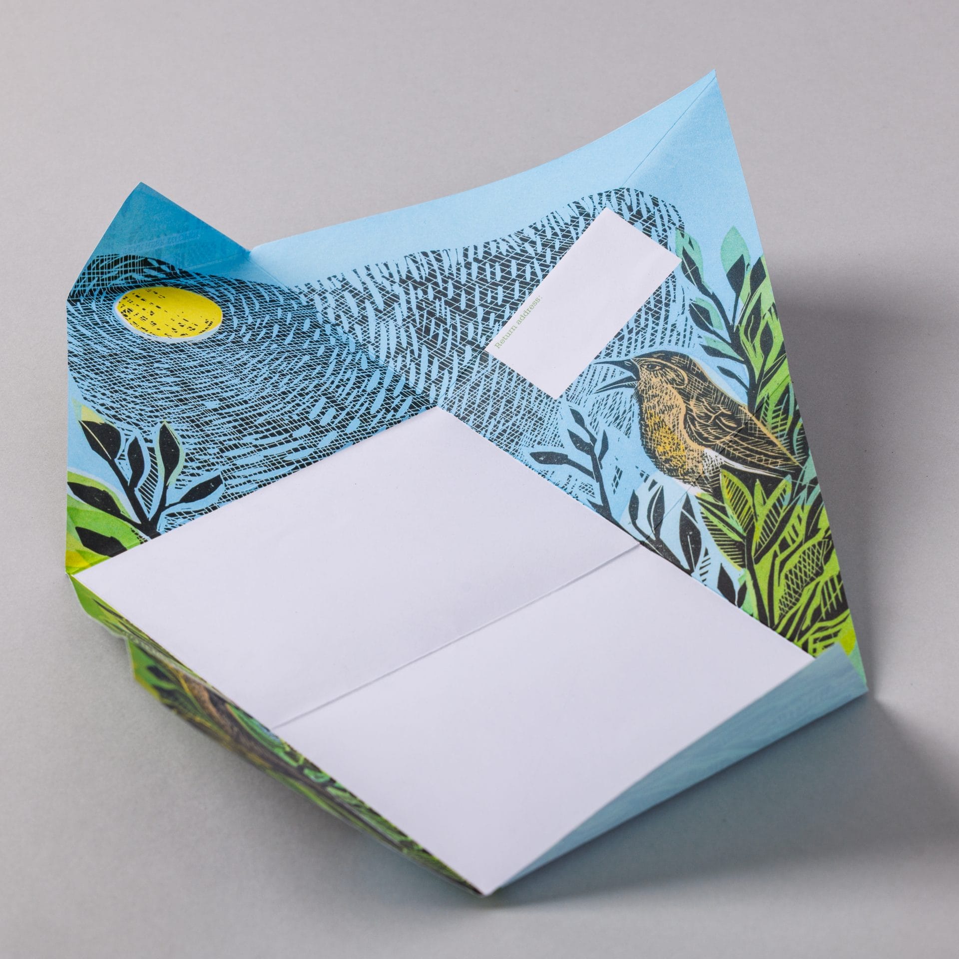 Unfolded Wonderfully Wild Pigeon with geometric wildlife interior on grey background