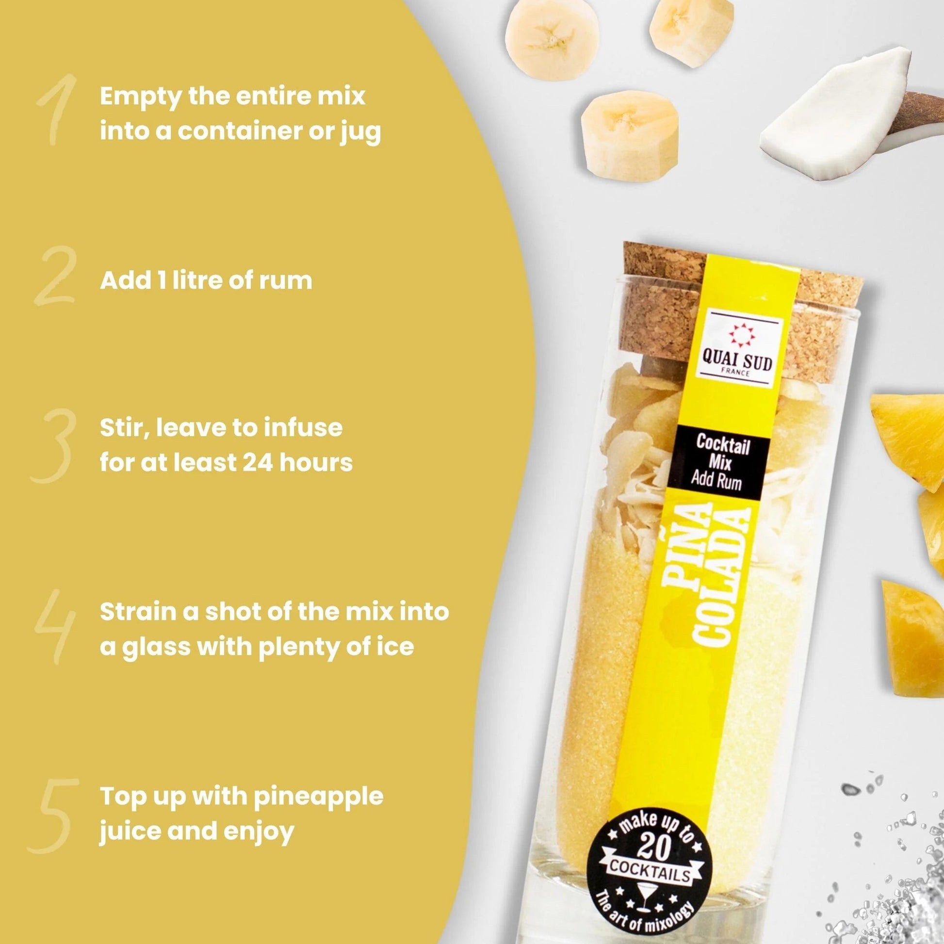 Piña Colada cocktail mix instructions displayed with tropical fruit pieces on a yellow background.