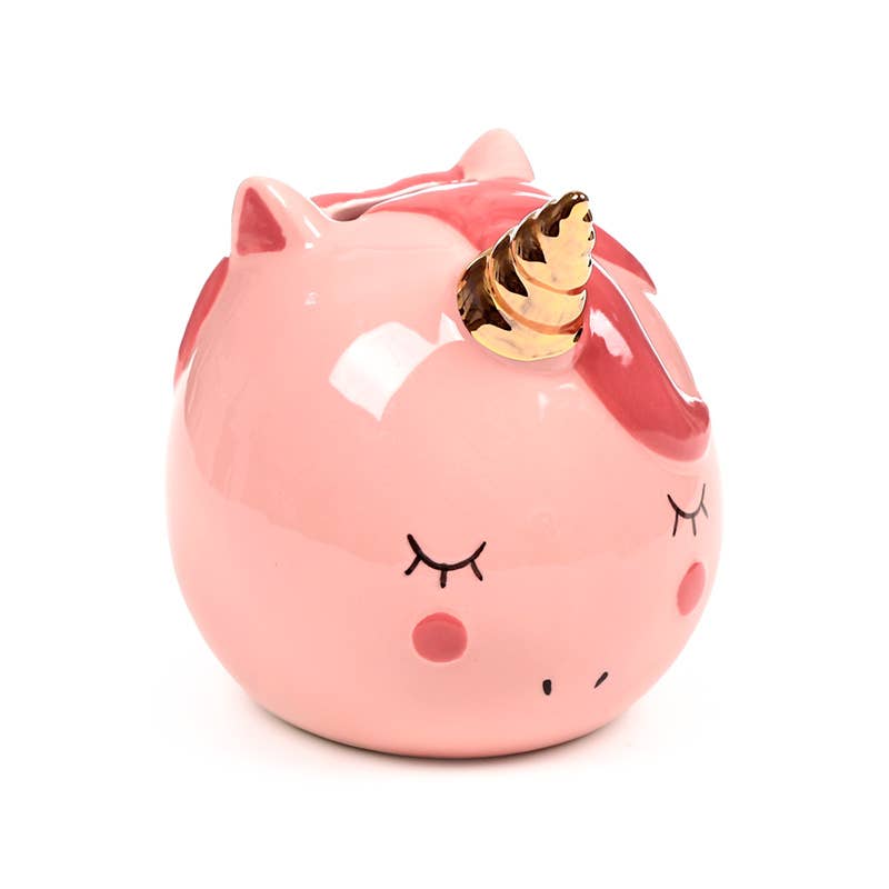 Side view of pink unicorn ceramic money box with glossy finish and golden horn.