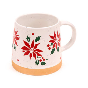 Poinsettia Tapered Stoneware Mug with festive red poinsettia flower pattern on white ceramic, shown from the front with curved handle.