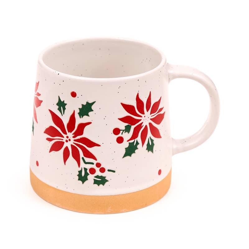 Side view of Poinsettia Tapered Stoneware Mug showing the curved handle and wraparound red poinsettia floral design on cream ceramic.