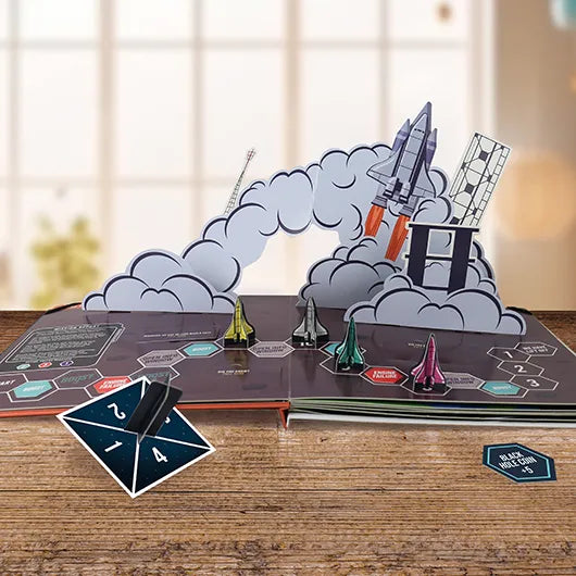 Pop-up space race board game opened with 3D rocket and dice