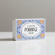 Porridge tiny soap bar with vintage Scottish oat design - front view.