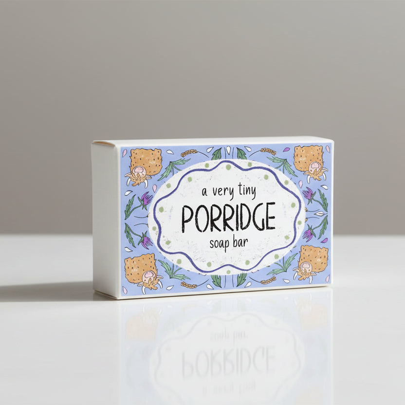 Porridge tiny soap bar with vintage Scottish oat design - front view.