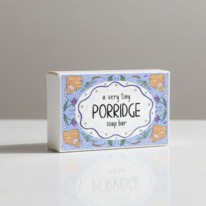 Porridge tiny soap bar with vintage Scottish oat design - front view.