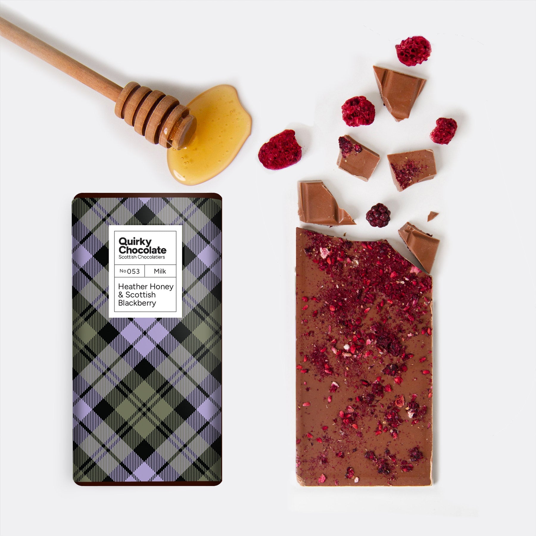 Heather honey and blackberry chocolate bar with tartan packaging on white background