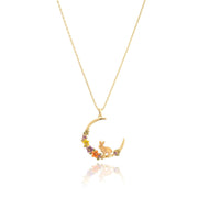 Rabbit Hoop Necklace featuring a gold crescent with a hand-painted rabbit and colourful enamel flowers.