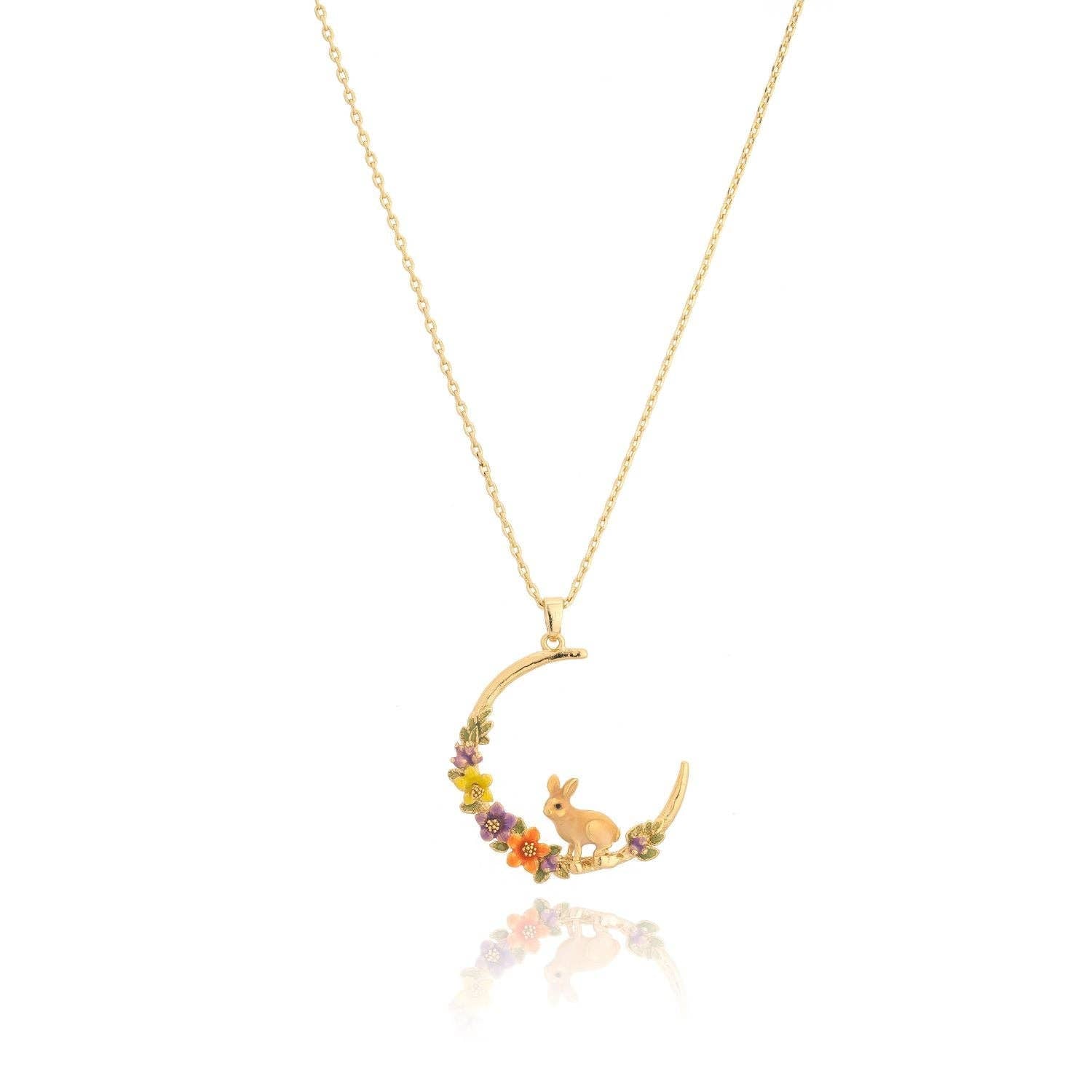 Rabbit Hoop Necklace featuring a gold crescent with a hand-painted rabbit and colourful enamel flowers.