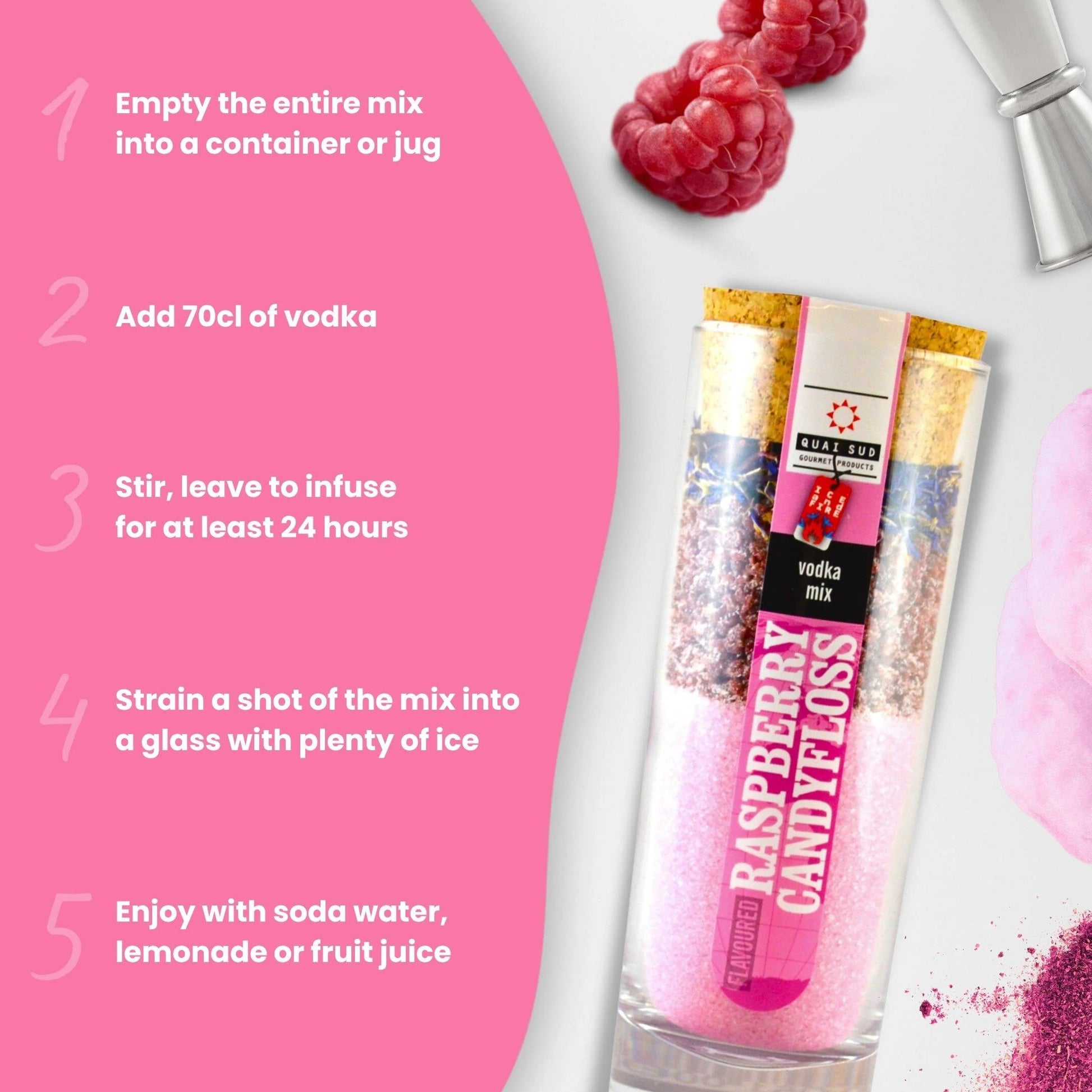 Raspberry and candyfloss vodka cocktail mix with instructions shown on a pink background beside raspberries and a jigger.