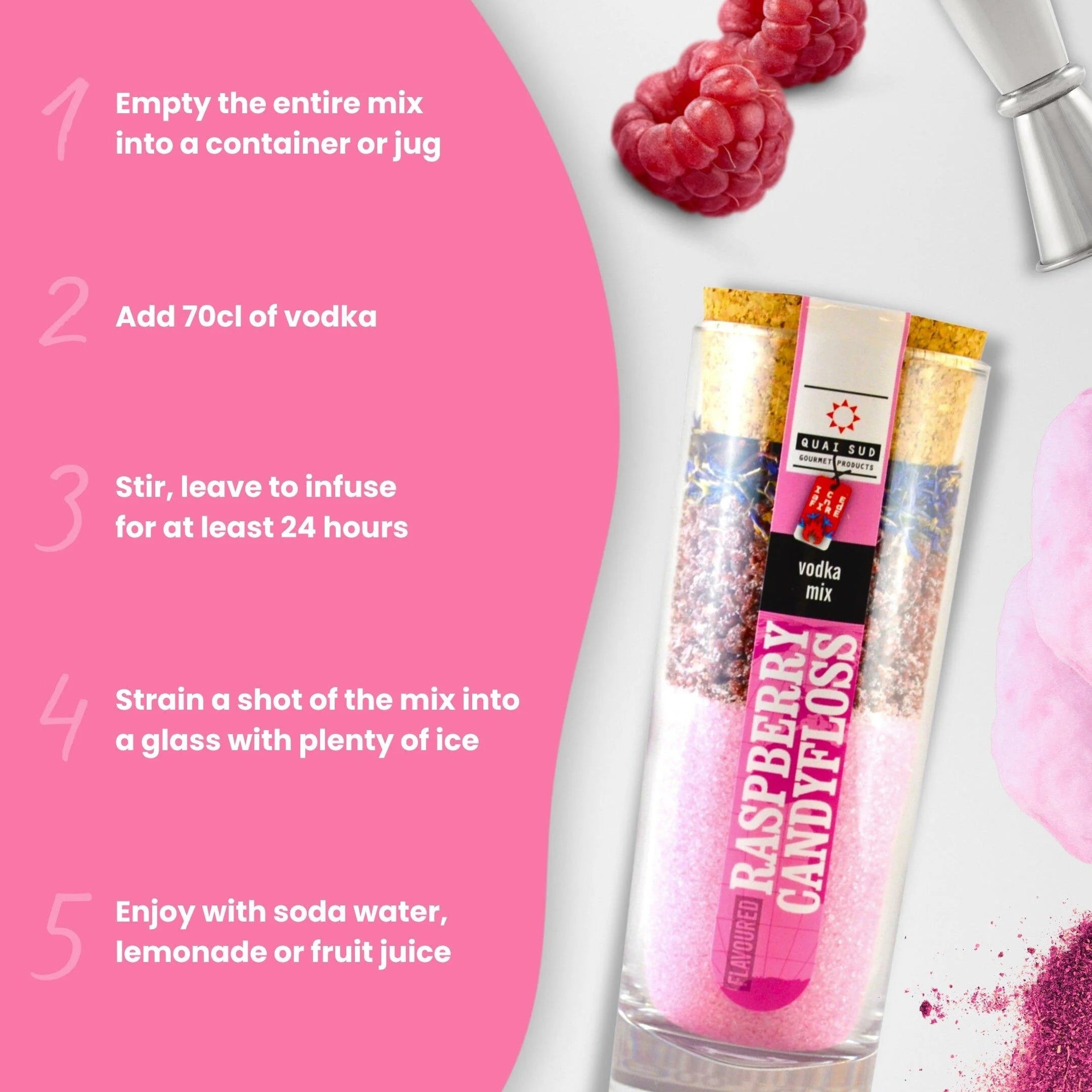 Raspberry and candyfloss vodka cocktail mix with instructions shown on a pink background beside raspberries and a jigger.
