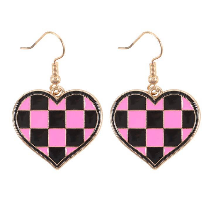 Pink checkerboard heart earrings from Rebel Romance collection
