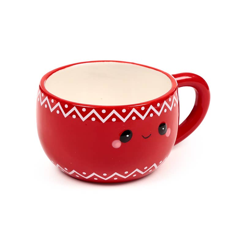 Red festive ceramic mug with a cute smiling face and zigzag white pattern, shown without the lid.