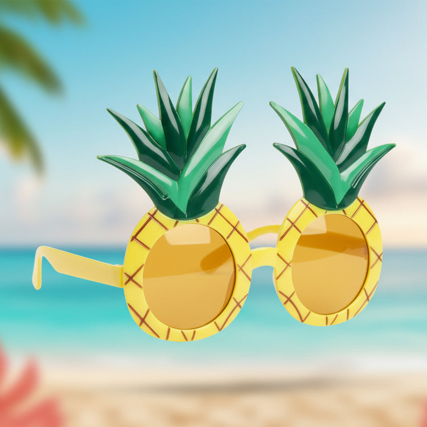 Pineapple novelty sunglasses with yellow tinted lenses on tropical beach background