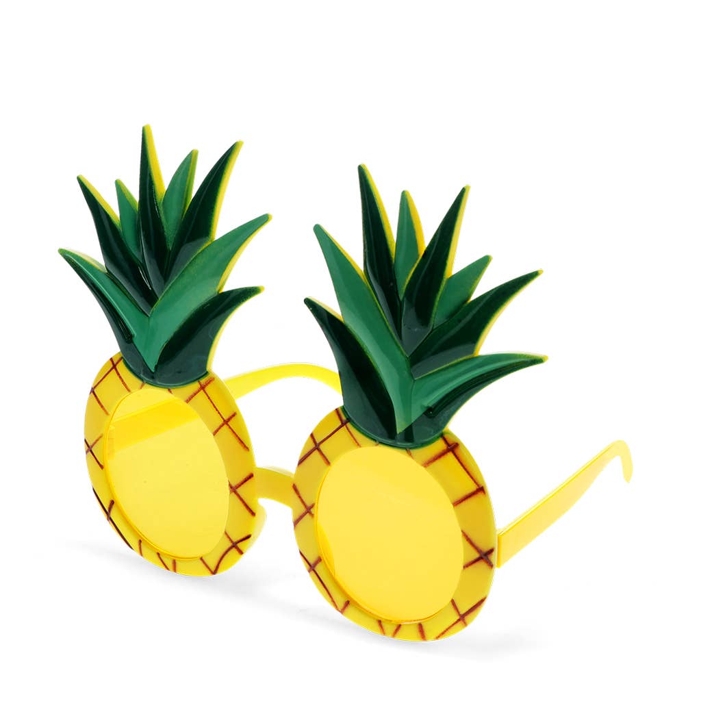 Pineapple novelty sunglasses with green leaf frames on white background