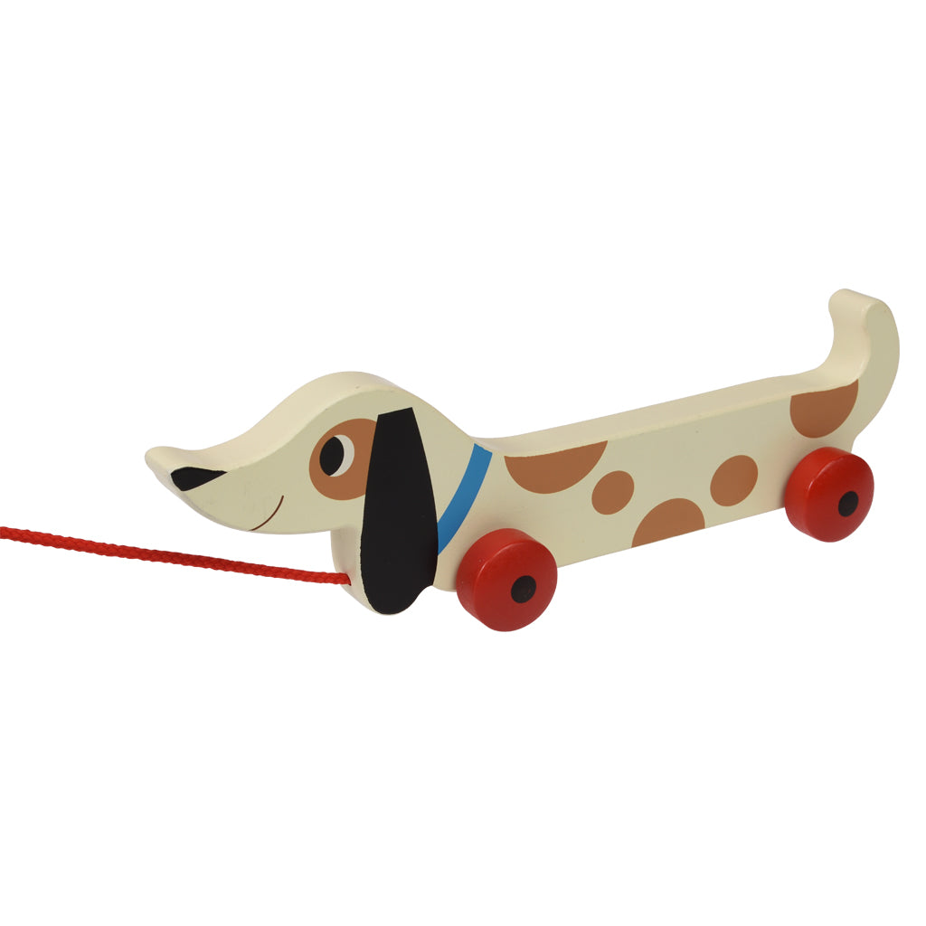 Wooden dachshund pull along toy with brown spots and red wheels on white background