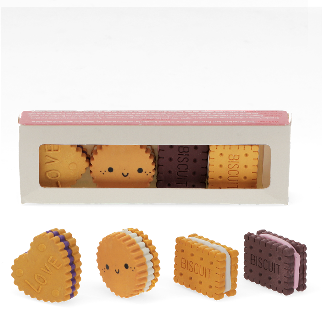Biscuit erasers set of 4 displayed in front of window gift box