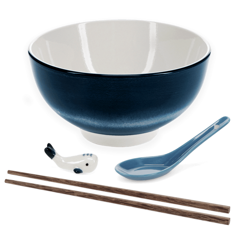 Complete noodle bowl set with whale themed pieces