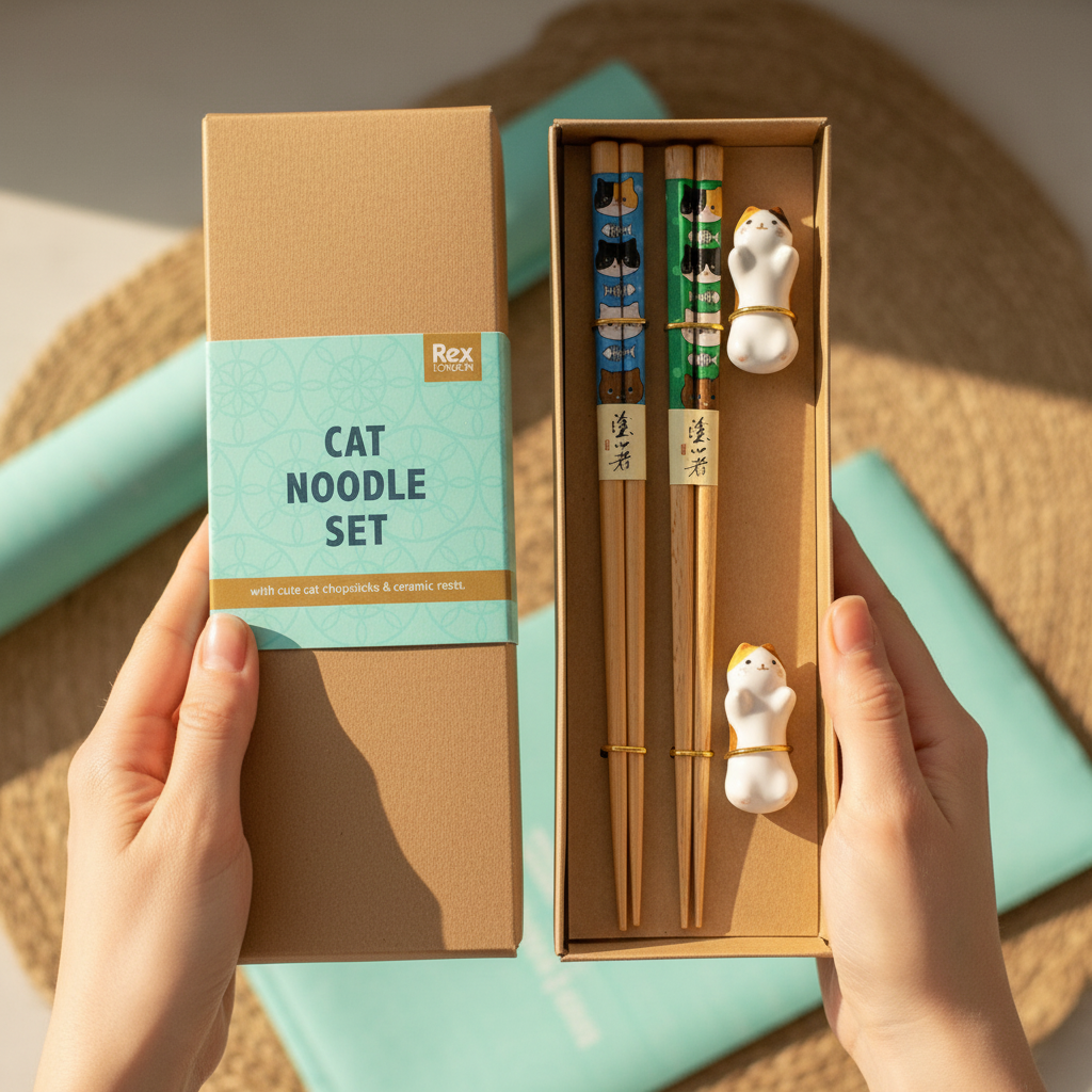 Set of two cat-shaped chopsticks with ceramic rests