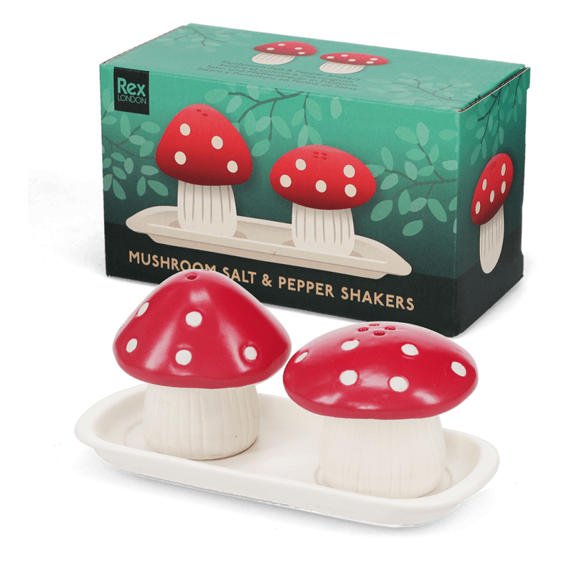 Mushroom salt and pepper shakers with ceramic tray beside illustrated Rex London gift box