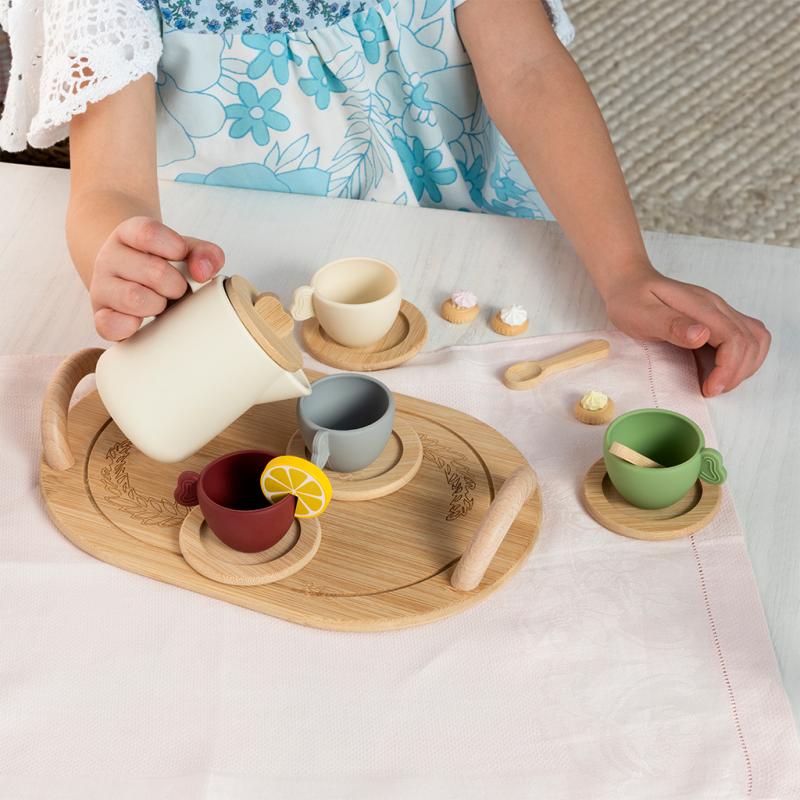 Wooden tea playset with teapot cups and tray