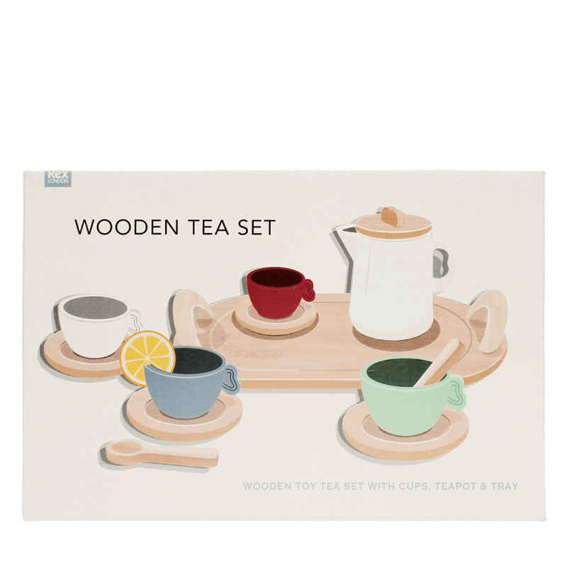 Wooden tea set with cups and teapot details