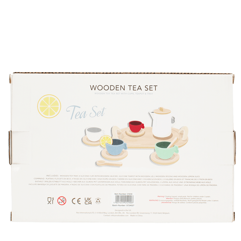 Tea playset showing coordinated wooden pieces