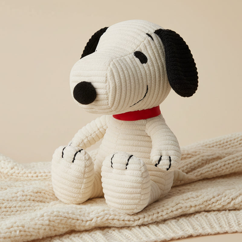 Snoopy corduroy cream soft toy with red collar on knitted blanket