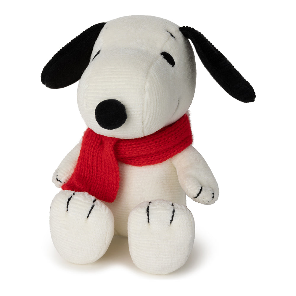 Snoopy corduroy soft toy with red scarf front view white background