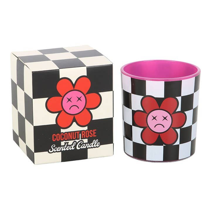 Sad Flower Coconut Rose Candle and matching box featuring red flower and coconut rose label, pop-art inspired home fragrance gift.