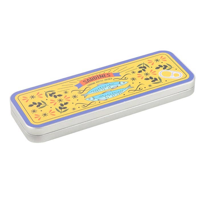 Yellow sardine storage tin closed showing decorative lid design