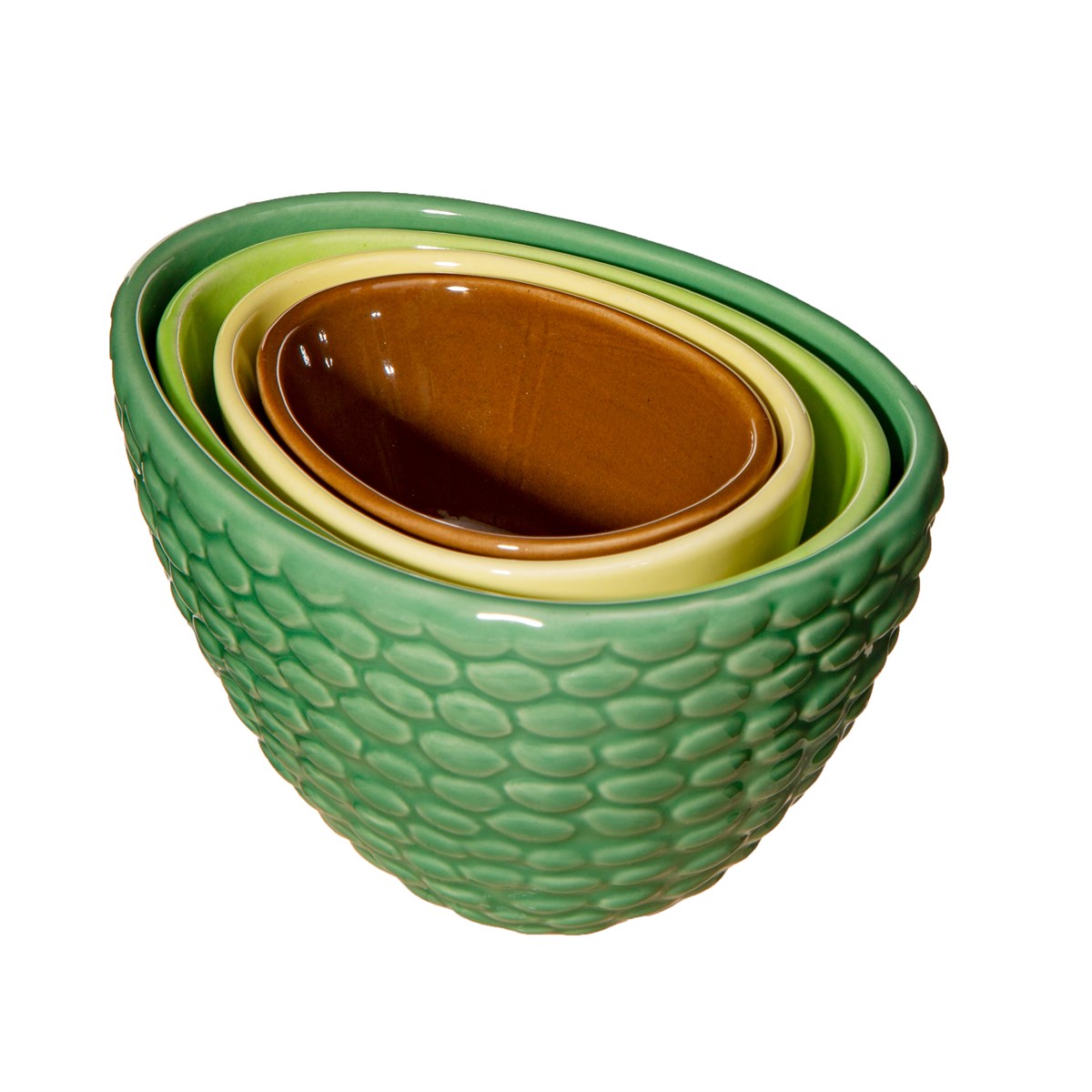 Avocado measuring cups nested together showing green textured exterior on white background