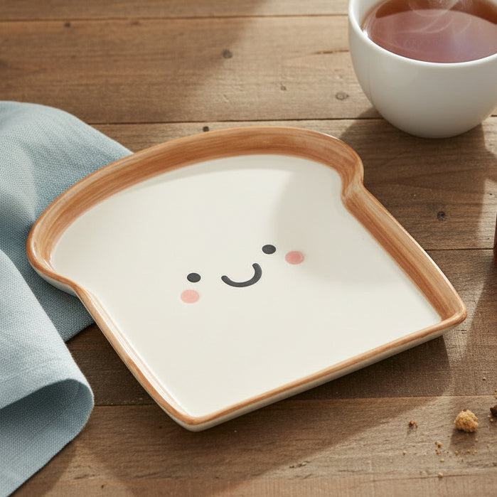 Bread slice snack plate with smiley face on wooden table with napkin and tea