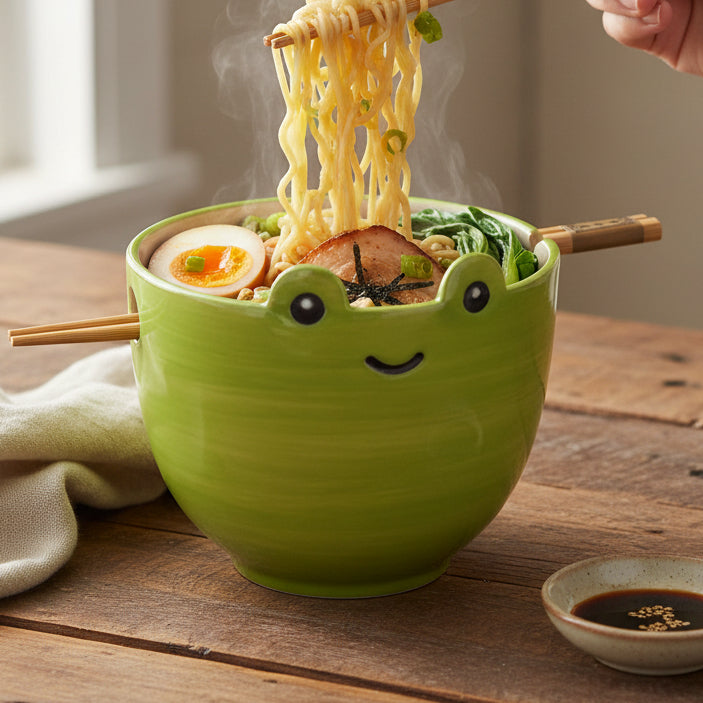 Frog noodle bowl filled with ramen and chopsticks on wooden table lifestyle shot
