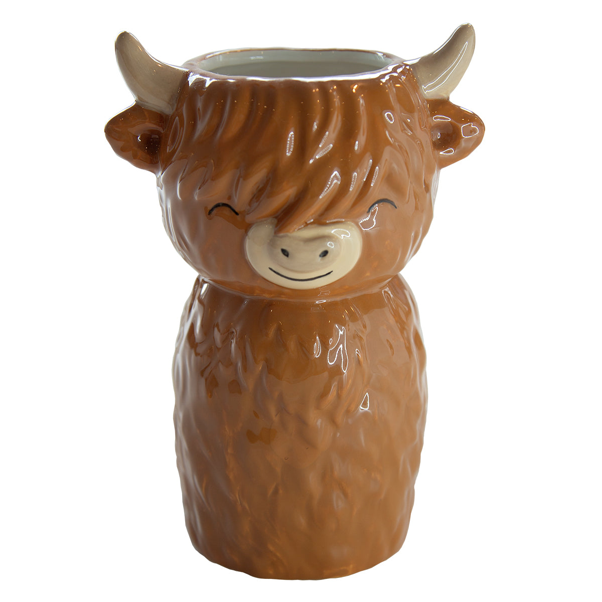Highland cow shaped ceramic vase front view on neutral background