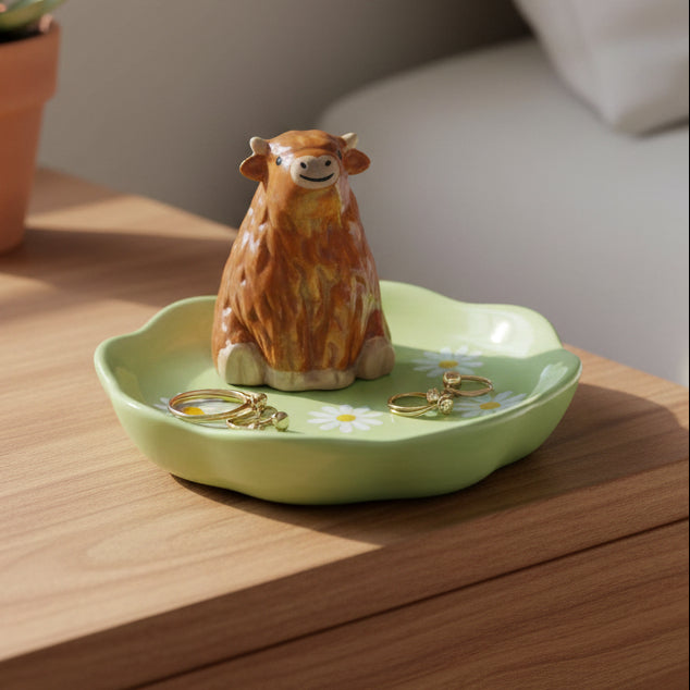 Highland cow trinket dish with daisy pattern on wooden bedside table with rings