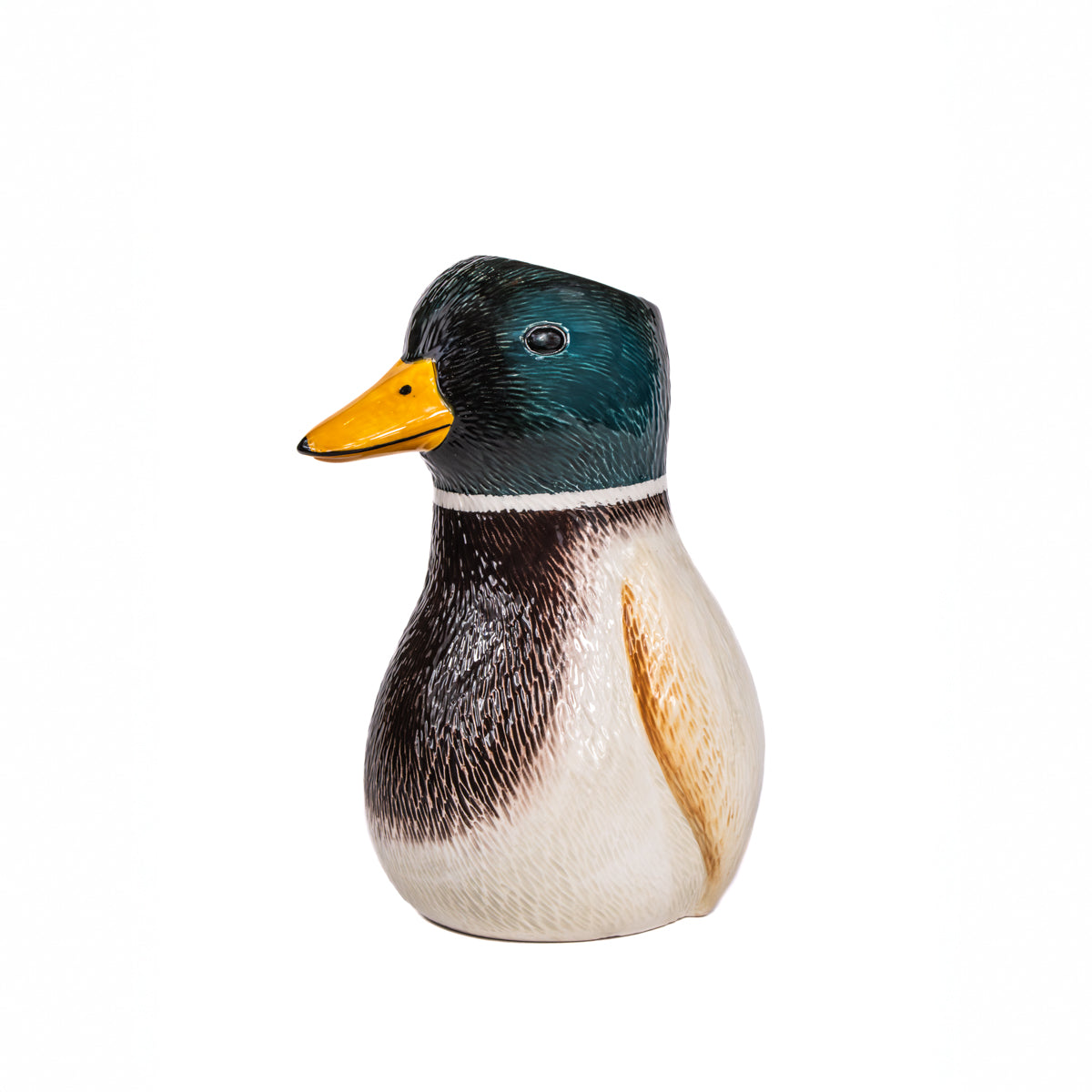 Mallard duck shaped vase front view showing green head on white background